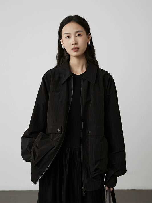 [Kurokawa-Jacke] CAREMIND Yamamoto Schwarze lässige Kurzjacke Strukturierte Reversjacke mit großer Tasche 