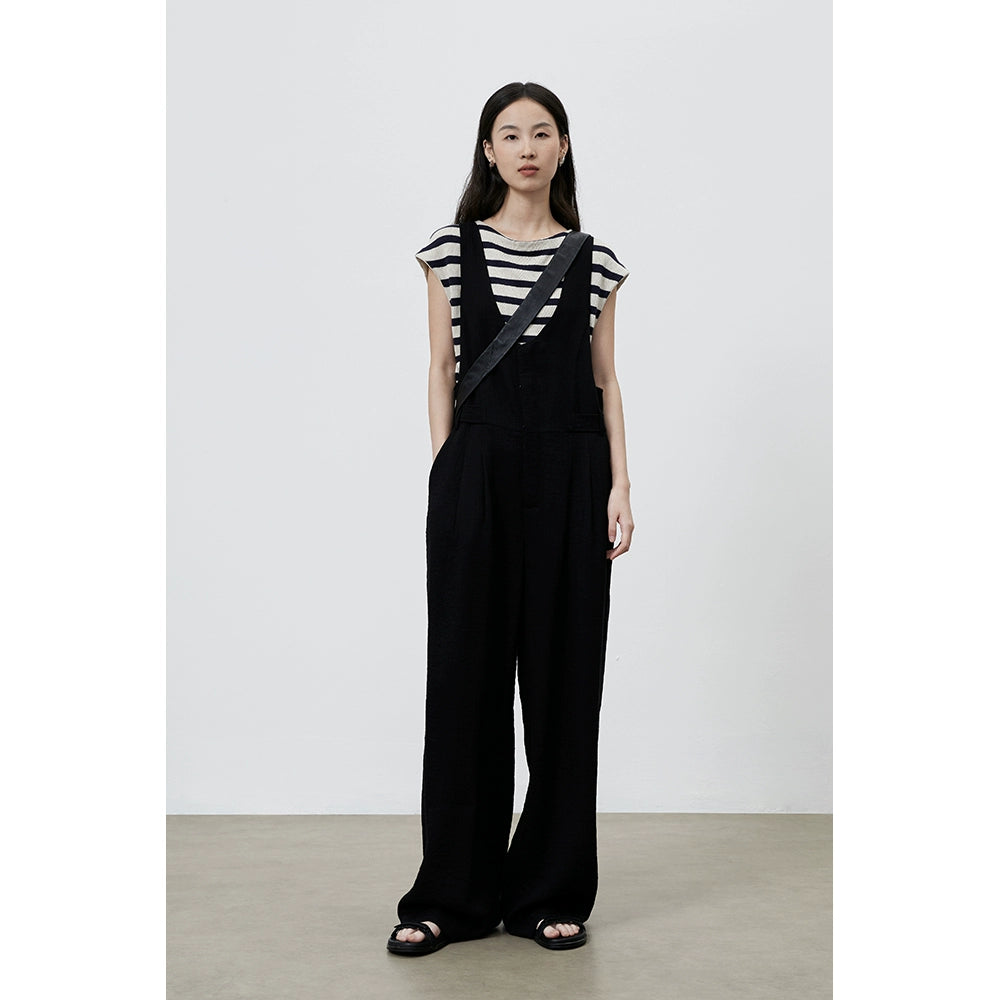 [Simple Life] CAREMIND Schwarz Casual Tooling Overalls Weites Bein Vielseitiger Skinny Jumpsuit Damen 