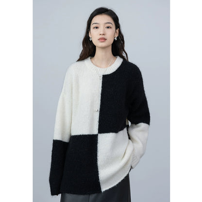 [Limited Time Offer] CAREMIND Mohair + Wool, Black and White Checkerboard Knitted Sweater Autumn New