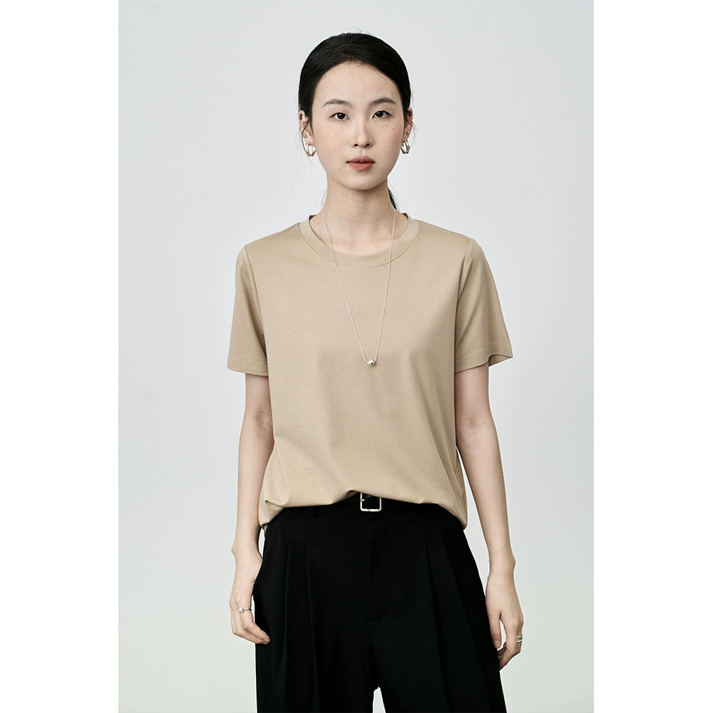 CAREMIND Classic Basic Crew Neck Solid Color Short Sleeve T-Shirt Women's Shoulder Loose Bottom Top