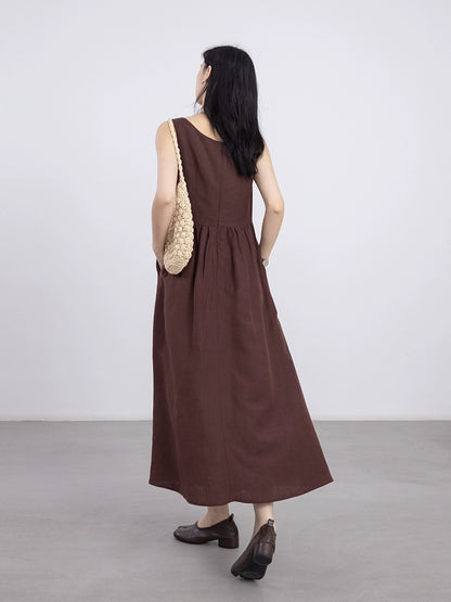 CAREMIND Brown pleated sleeveless dress V-neck high-end vest medium and long dress