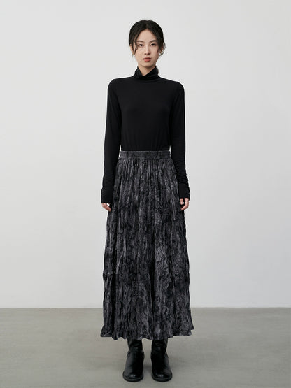 CAREMIND Gray national style ink splashing water ripple skirt high waist pleated texture velvet a word skirt autumn