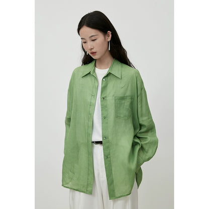 CAREMIND green pure ramie shirt autumn new thin outer versatile cardigan top commuter