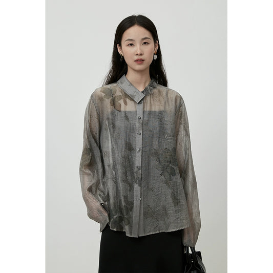 CAREMIND literary new Chinese jacquard original shirt high-grade gray charm clear sunscreen top