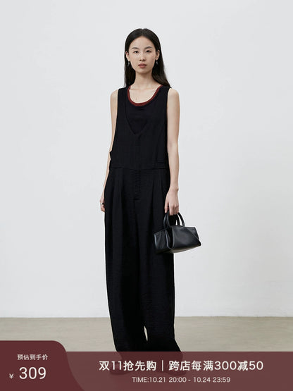 [Simple Life] CAREMIND Schwarz Casual Tooling Overalls Weites Bein Vielseitiger Skinny Jumpsuit Damen 