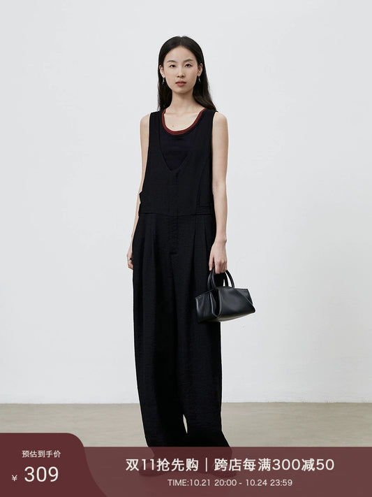 [Simple Life] CAREMIND Schwarz Casual Tooling Overalls Weites Bein Vielseitiger Skinny Jumpsuit Damen 