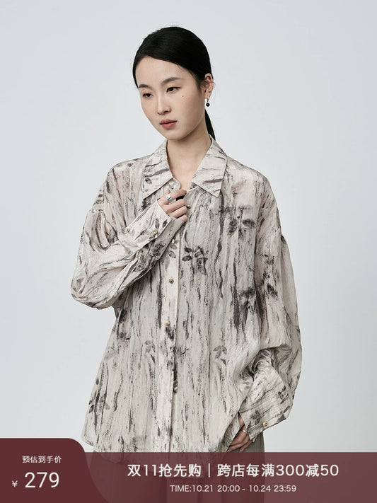 CAREMIND ink painting national style smudge shirt long sleeve women's light silk Hong Kong style top jacket tide