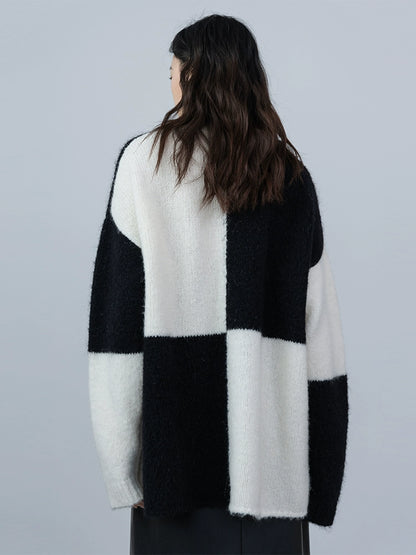 [Limited Time Offer] CAREMIND Mohair + Wool, Black and White Checkerboard Knitted Sweater Autumn New