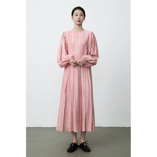 CAREMIND Elegant White Peach Pink Unique Dress 2024 Autumn New Vacation Loose Commuter Linen Dress