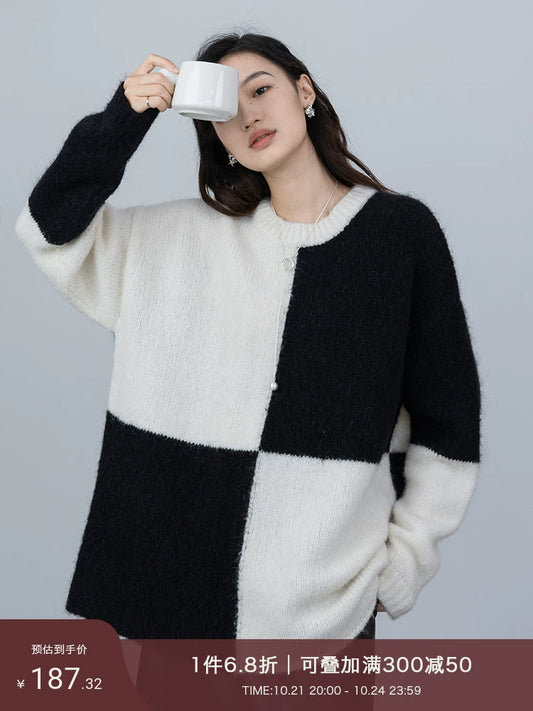 [Zeitlich Begrenztes Angebot] CAREMIND Mohair + Wolle, Schwarz und Weiß Schachbrett Strickpullover Herbst Neue 