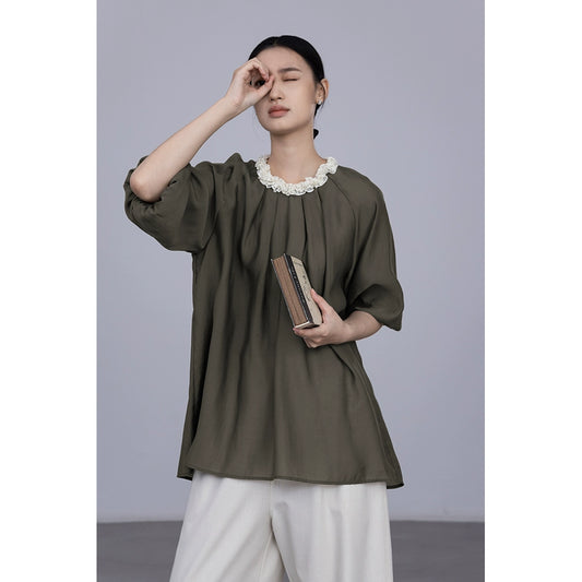 CAREMIND foreign style unique heavy industry three-dimensional petal collar shirt medium sleeve simple beautiful shirt spring new