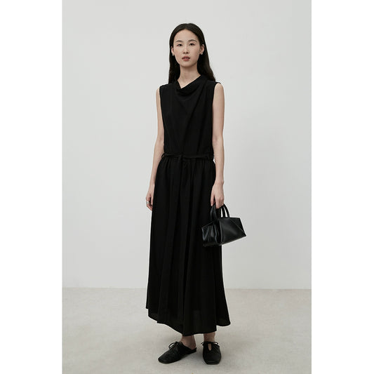 CAREMIND black sleeveless swing neck waist design dress commuting simple temperament long dress