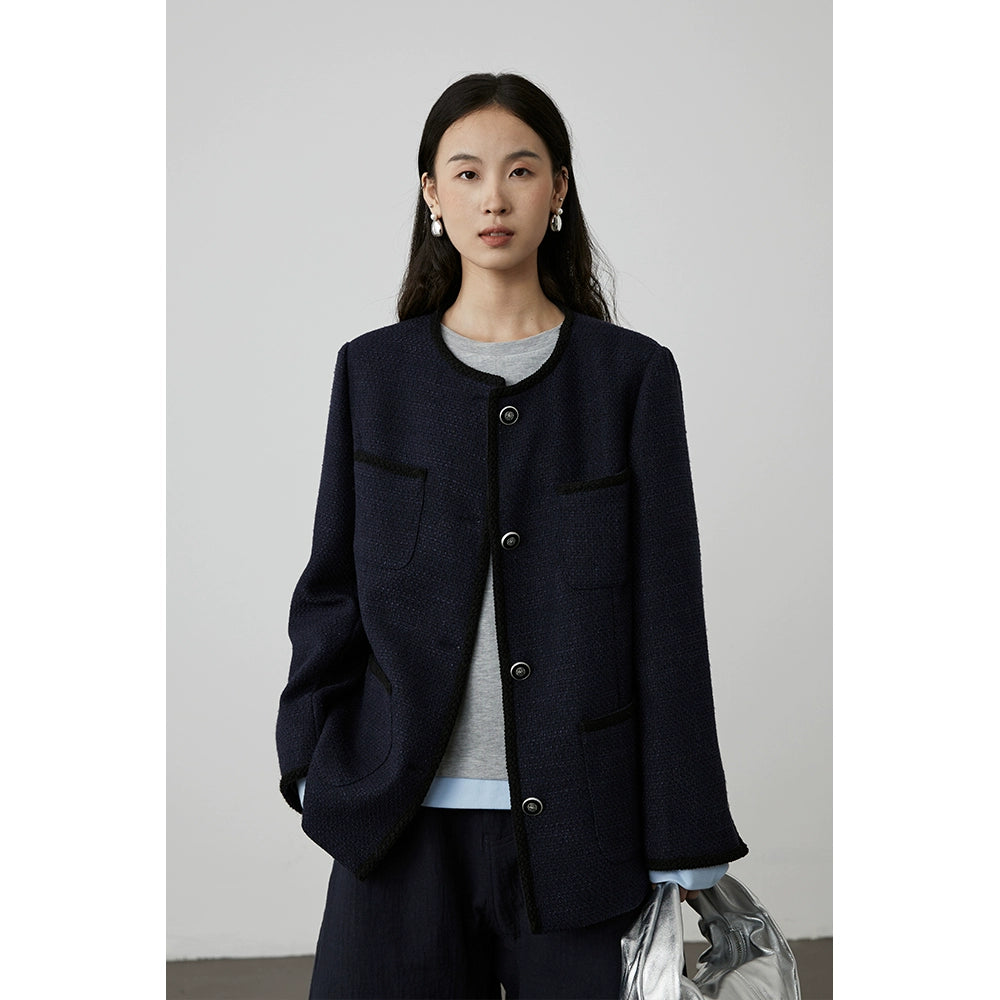 [Italian Slack] CAREMIND Chic Navy Blau Xiaoxiangfeng Jacke Neue Premium Temperament Kurze Top Herbst 