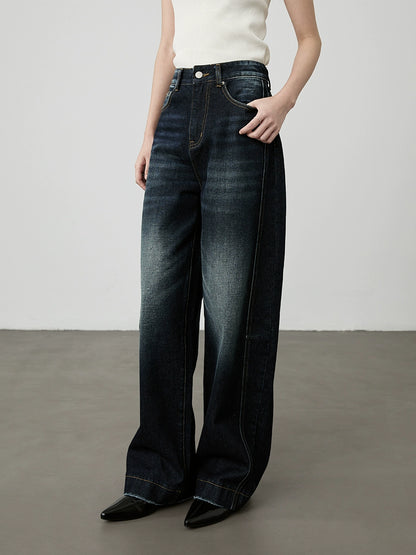 [Western Denim] CAREMIND Straight Dark Blue Retro High Waist Jeans Casual Skinny Pants Wide Leg Pants