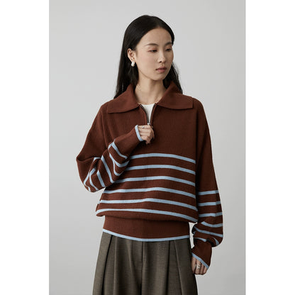 [Freunde] CAREMIND Karamell Kontrast gestreiften Revers Pullover Frühling und Herbst Lazy lose gestrickte Pullover Top 