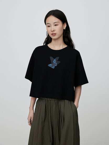 CAREMIND blue butterfly print short T-shirt small pure cotton design sense black short sleeve