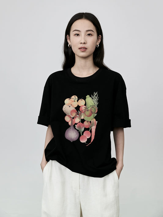 CAREMIND Lustiges T-Shirt mit Obst- und Gemüsedruck im japanischen Stil, schlichtes, literarisches und frisches Kurzarmhemd aus Baumwolle 