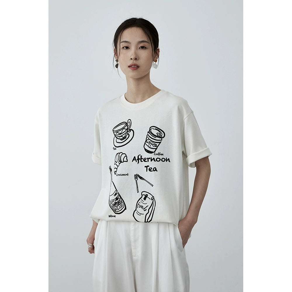 CAREMIND black and white minimalist afternoon tea printed T-shirt front shoulder graffiti casual short sleeve summer new