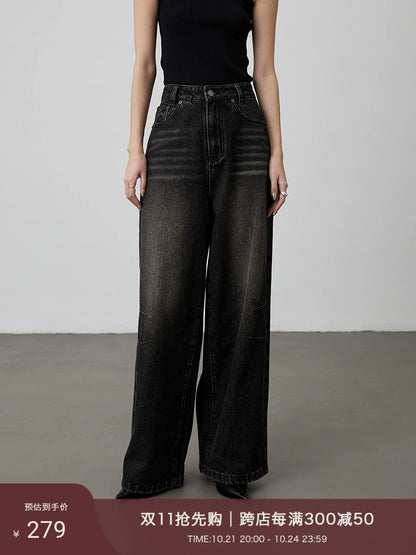 [Tiger Eye Black Denim] CAREMIND Schwarze, kaffeefarbene, gerade Retro-Hose mit weitem Bein für den Winter 2024 für Damen 