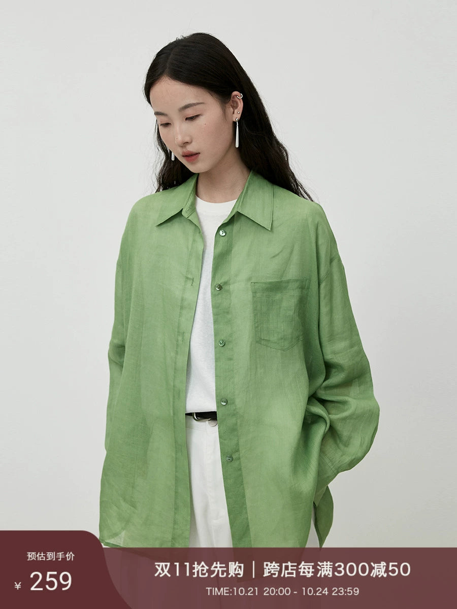 CAREMIND green pure ramie shirt autumn new thin outer versatile cardigan top commuter