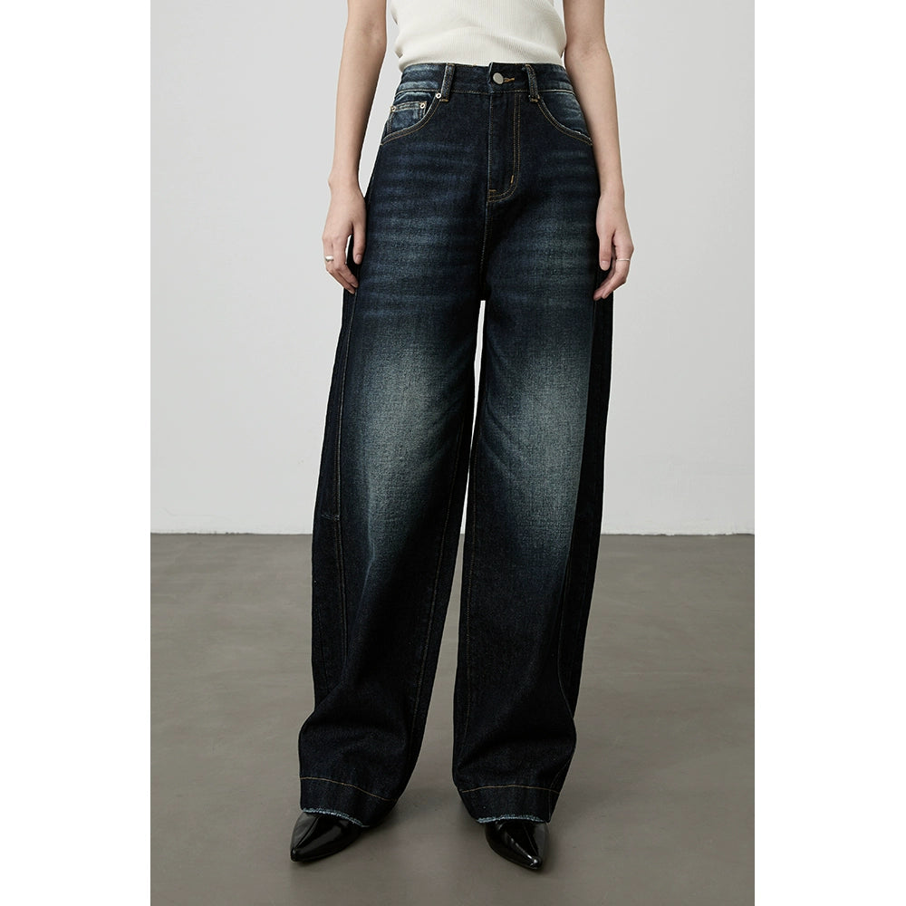 [Western Denim] CAREMIND Straight Dark Blue Retro High Waist Jeans Casual Skinny Pants Wide Leg Pants