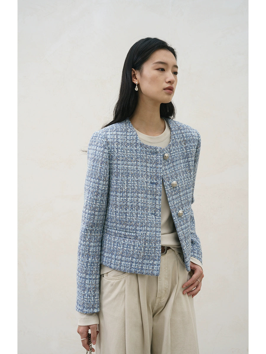 [Zeitlich begrenztes Sonderangebot] Originaldesign blaue Xiaoxiangfeng-Jacke Herbst und Winter Tweed kurzes Oberteil Pendeln 