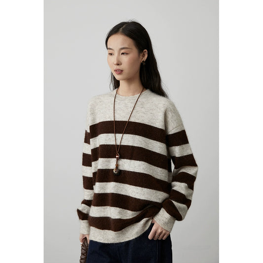 [Quartett] CAREMIND Slack Mohair Kaffee Grau Gestreifter Kontrastpullover Weicher wachsartiger Strickpullover 