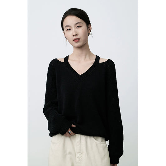 CAREMIND Black Skinny Shoulder Clavicle Temperament Knitted Sweater Early Spring Lazy Relaxing Top