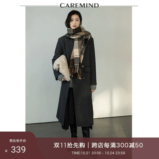 CAREMIND [Faust's Dream] Original karierter Wollmantel Damen Herbst und Winter neuer langer Mantel 