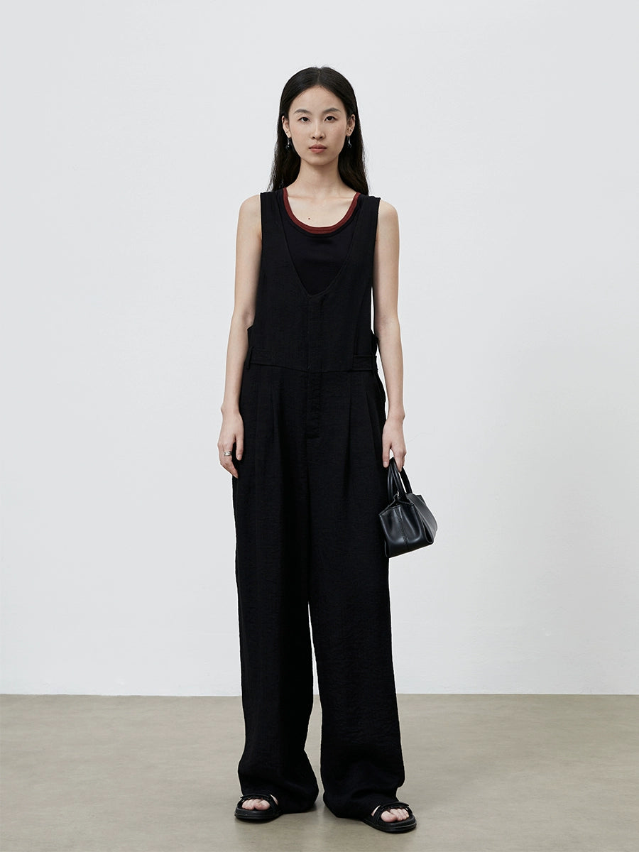 [Simple Life] CAREMIND Schwarz Casual Tooling Overalls Weites Bein Vielseitiger Skinny Jumpsuit Damen 