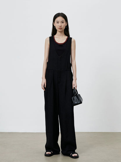 [Simple Life] CAREMIND Schwarz Casual Tooling Overalls Weites Bein Vielseitiger Skinny Jumpsuit Damen 