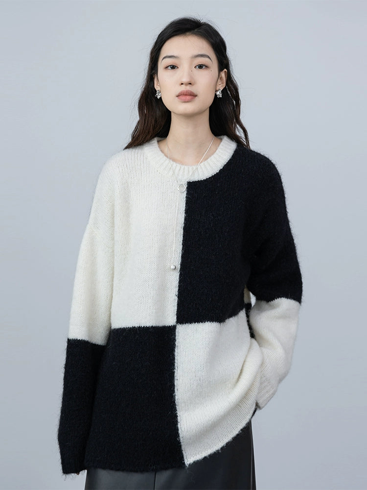 [Limited Time Offer] CAREMIND Mohair + Wool, Black and White Checkerboard Knitted Sweater Autumn New