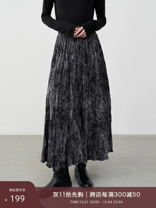 CAREMIND Gray national style ink splashing water ripple skirt high waist pleated texture velvet a word skirt autumn