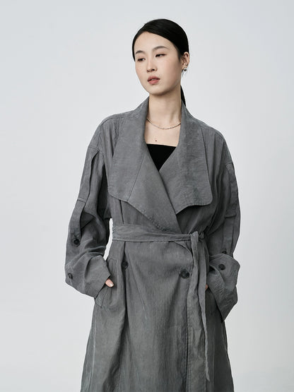 CAREMIND Casual loose gray medium and long trench coat French retro temperament thin coat women