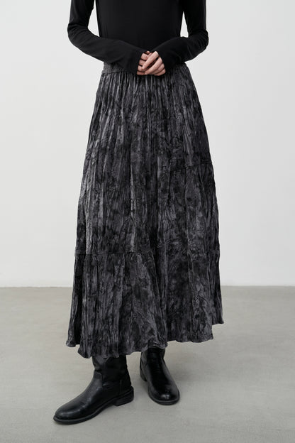 CAREMIND Gray national style ink splashing water ripple skirt high waist pleated texture velvet a word skirt autumn