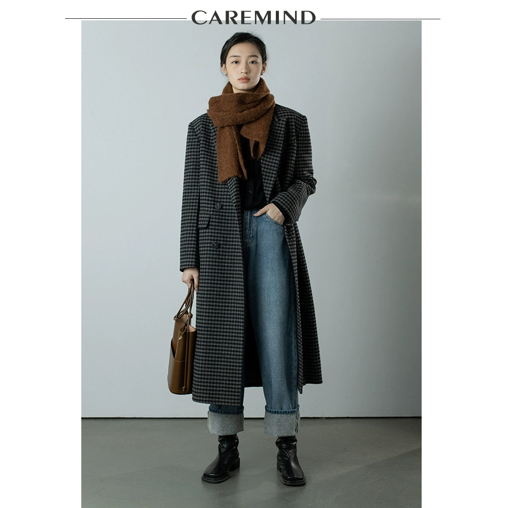 CAREMIND [Faust's Dream] Original karierter Wollmantel Damen Herbst und Winter neuer langer Mantel 