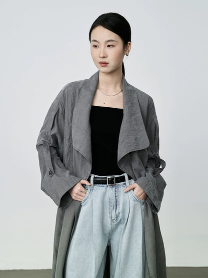 CAREMIND Casual loose gray medium and long trench coat French retro temperament thin coat women