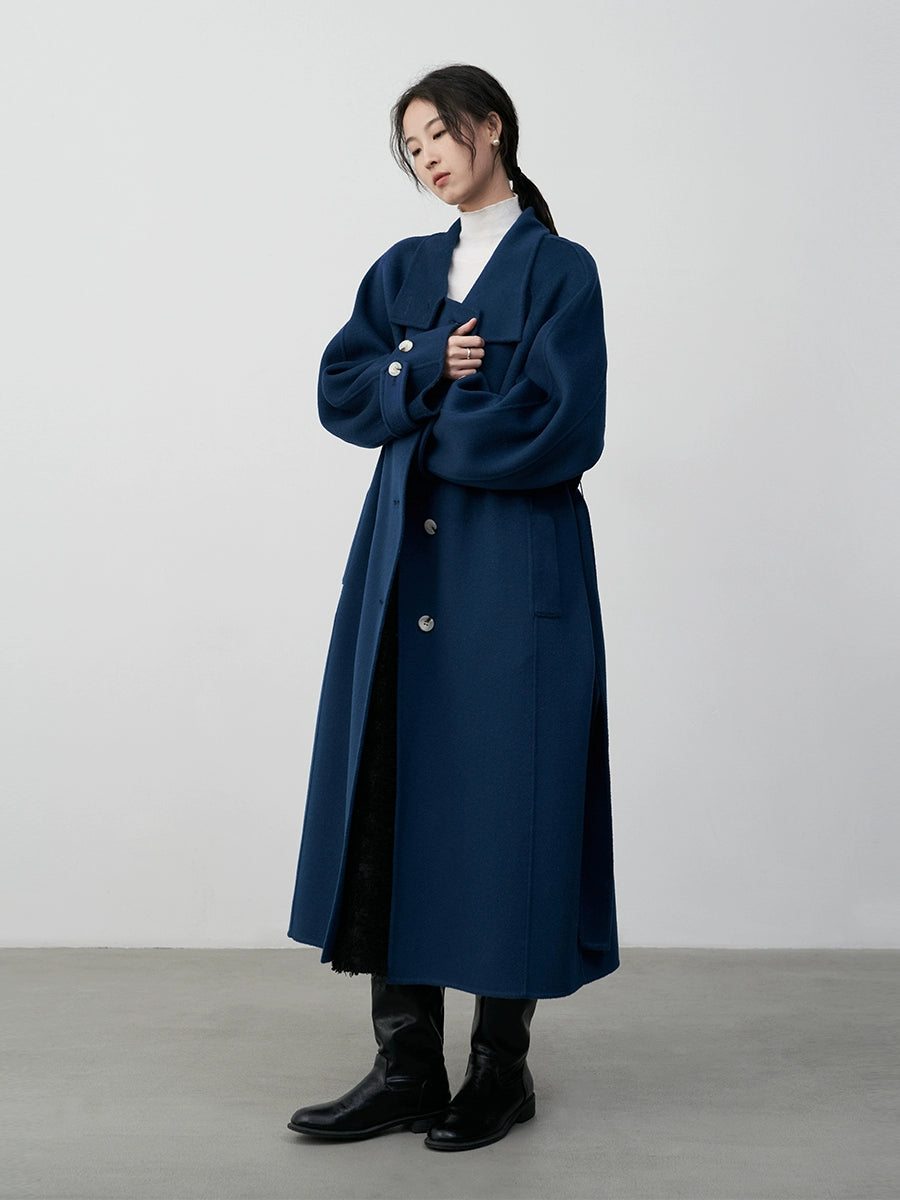 CAREMIND British retro premium blue thickened wool coat women's autumn and winter new double-sided woolen long coat