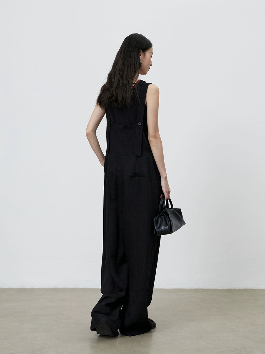 [Simple Life] CAREMIND Schwarz Casual Tooling Overalls Weites Bein Vielseitiger Skinny Jumpsuit Damen 