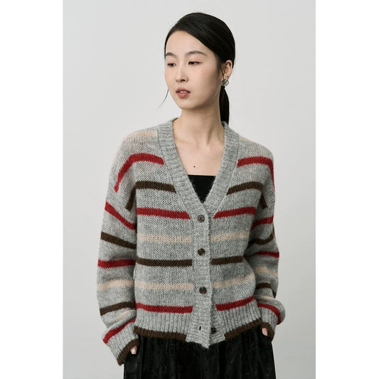 CAREMIND Japanese retro contrasting color knitted cardigan women's premium textured mohair top jacket