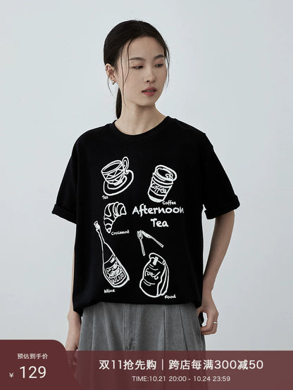 CAREMIND black and white minimalist afternoon tea printed T-shirt front shoulder graffiti casual short sleeve summer new