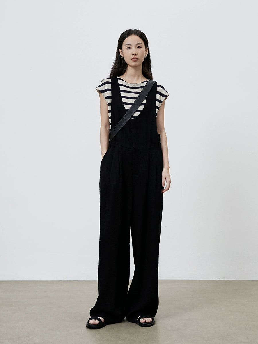 [Simple Life] CAREMIND Schwarz Casual Tooling Overalls Weites Bein Vielseitiger Skinny Jumpsuit Damen 