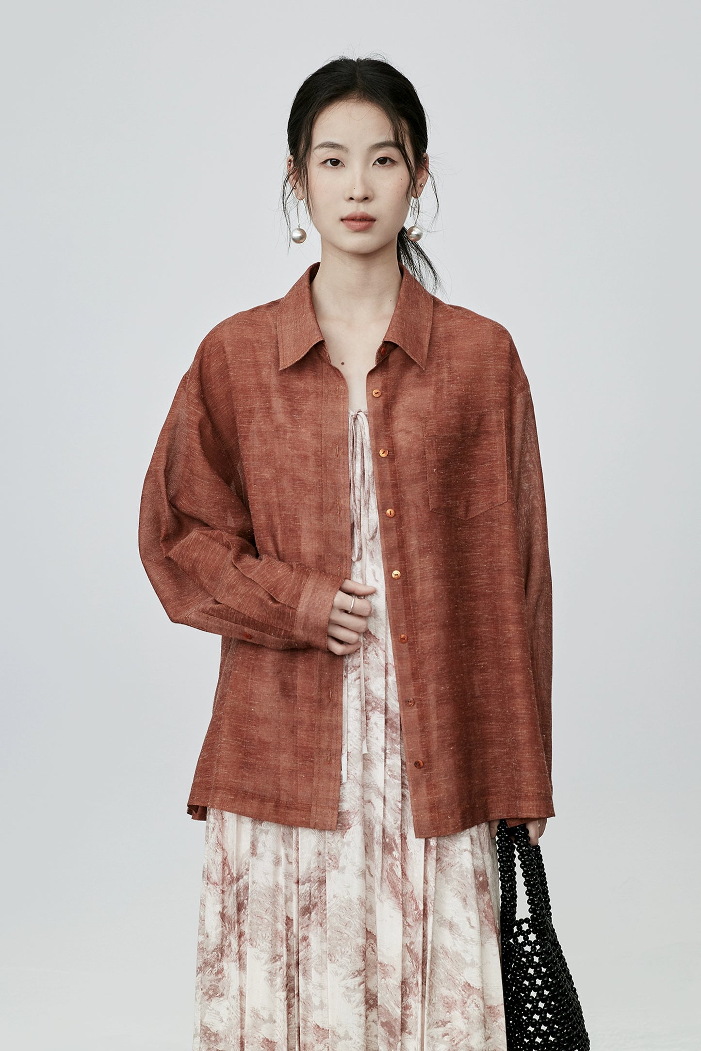 CAREMIND nostalgic retro Chinese brick red long-sleeved shirt autumn commuter jacket shirt