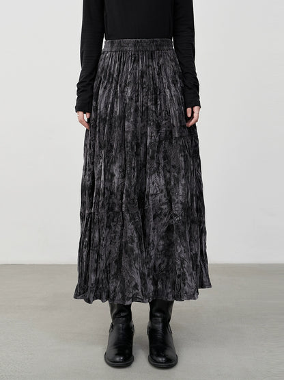 CAREMIND Gray national style ink splashing water ripple skirt high waist pleated texture velvet a word skirt autumn