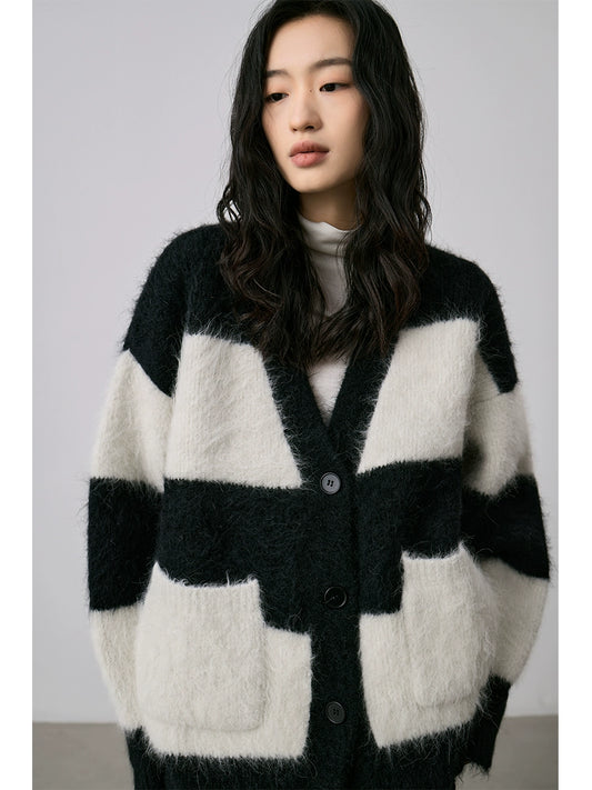 CAREMIND Alpaca sweater black and white contrasting stripes thermal coat gentle plush cardigan jacket