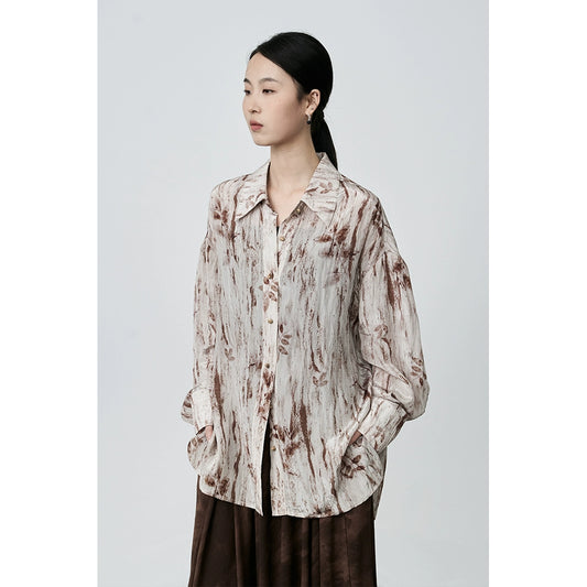 CAREMIND ink painting national style smudge shirt long sleeve women's light silk Hong Kong style top jacket tide