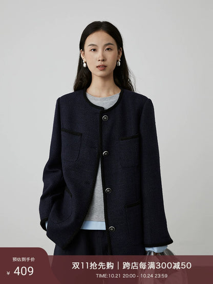 [Italian Slack] CAREMIND Chic Navy Blau Xiaoxiangfeng Jacke Neue Premium Temperament Kurze Top Herbst 