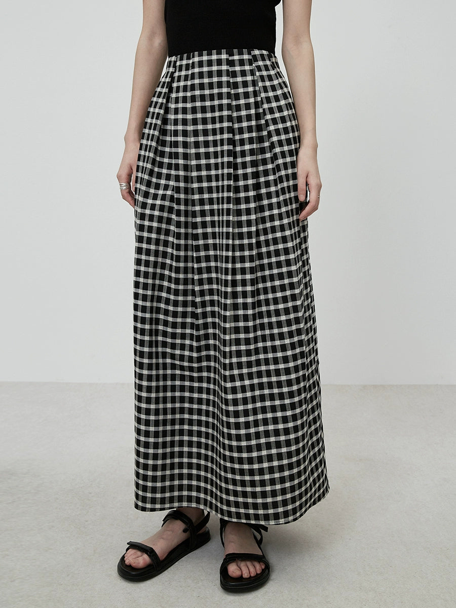 CAREMIND Hong Kong-style black and white plaid skirt autumn new retro high-waisted design long skirt