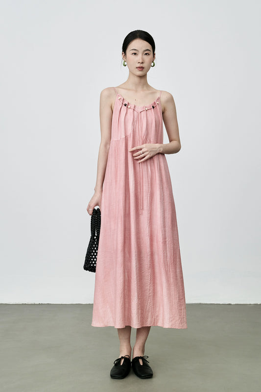 CAREMIND holiday style smudged pink suspender dress pleated texture a word long skirt