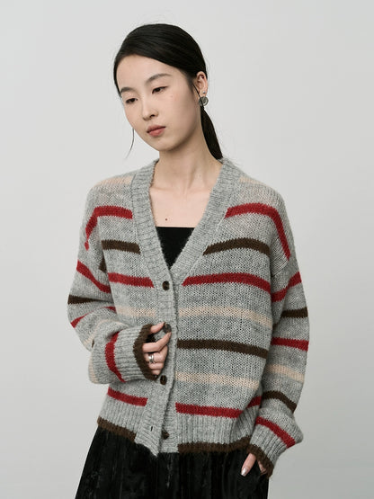 CAREMIND Japanische Retro-Strickjacke in Kontrastfarbe für Damen, hochwertig, strukturiertes Mohair-Oberteil 